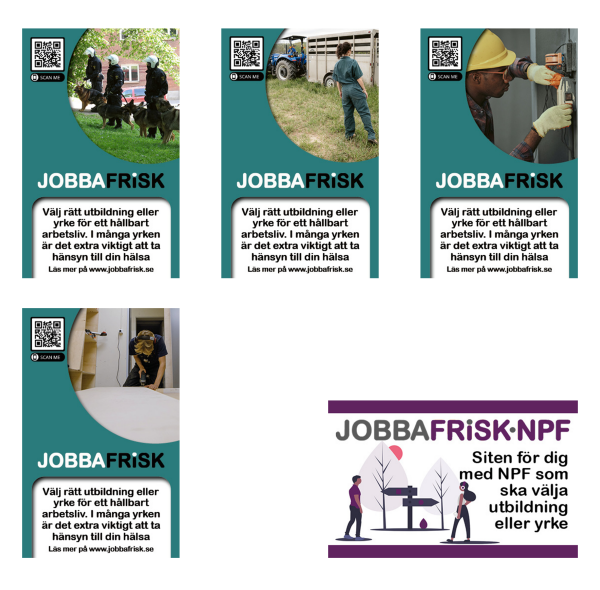 Bild av de olika informationsflyersarna man kan beställa för JobbaFrisk och JobbaFriskNPF